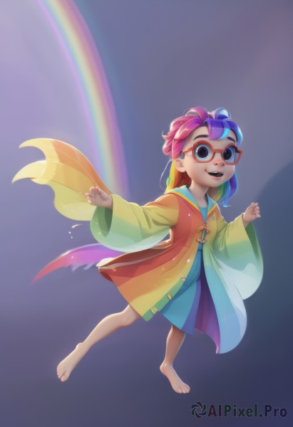 1girl,solo,long hair,looking at viewer,smile,open mouth,simple background,long sleeves,dress,blue hair,full body,pink hair,purple hair,:d,multicolored hair,glasses,barefoot,teeth,wide sleeves,black eyes,two-tone hair,see-through,gradient,gradient background,gradient hair,blue dress,child,multicolored clothes,personification,red-framed eyewear,female child,rainbow,raincoat,rainbow gradient,rainbow hair,blue eyes,feet,bare legs,toes,yellow raincoat