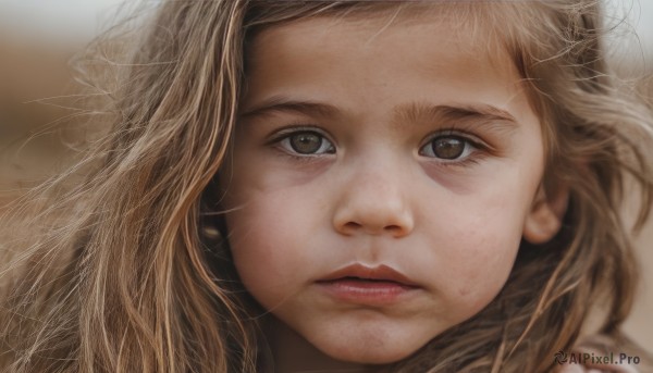 1girl,solo,long hair,looking at viewer,blonde hair,brown hair,brown eyes,closed mouth,blurry,lips,eyelashes,depth of field,blurry background,expressionless,portrait,close-up,realistic,nose