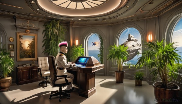 solo,short hair,1boy,sitting,pink hair,male focus,sky,day,cloud,indoors,uniform,military,window,military uniform,shadow,bird,ocean,chair,plant,scenery,desk,science fiction,aircraft,clock,airplane,potted plant,lamp,computer,analog clock,hat,monitor,laptop,painting (object),spacecraft,pilot