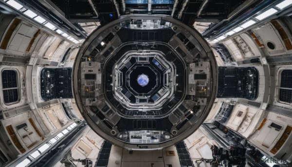 dutch angle,no humans,window,robot,scenery,machinery,science fiction,space,planet,spacecraft,spacesuit,cockpit,astronaut,indoors,from above,building,floating,very wide shot