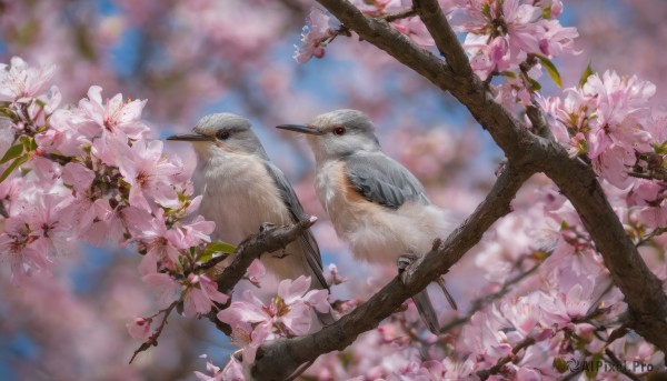 flower, outdoors, day, blurry, tree, no humans, depth of field, blurry background, bird, animal, cherry blossoms, pink flower, realistic, branch, animal focus, owl, sparrow