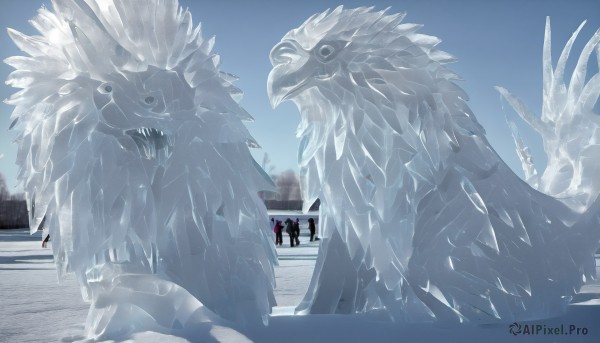 HQ,1girl,standing,outdoors,sky,day,tree,bird,animal,scenery,snow,monster,dragon,winter,multiple others,oversized animal,open mouth,multiple boys,teeth,2boys,blue sky,ice,crystal