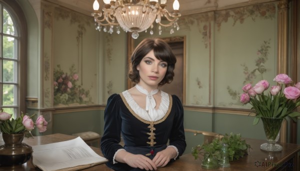 1girl,solo,looking at viewer,smile,short hair,bangs,brown hair,shirt,black hair,long sleeves,dress,brown eyes,sitting,closed mouth,upper body,flower,day,indoors,black eyes,black dress,lips,book,window,chair,table,plant,pink flower,paper,realistic,nose,potted plant,lamp,pink rose,vase,choker,artist name,signature,dated,grey eyes,watermark,web address,candle,chandelier