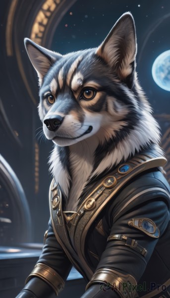 solo,looking at viewer,smile,long sleeves,1boy,brown eyes,jacket,upper body,male focus,artist name,signature,black jacket,no humans,animal,star (sky),furry,dog,space,furry male,leather,animal focus,planet,whiskers,earth (planet),black fur,closed mouth,yellow eyes,sky,teeth,armor,grin,blurry,fur trim,night,blurry background,moon,night sky,full moon,starry sky,fur collar,white fur,wolf