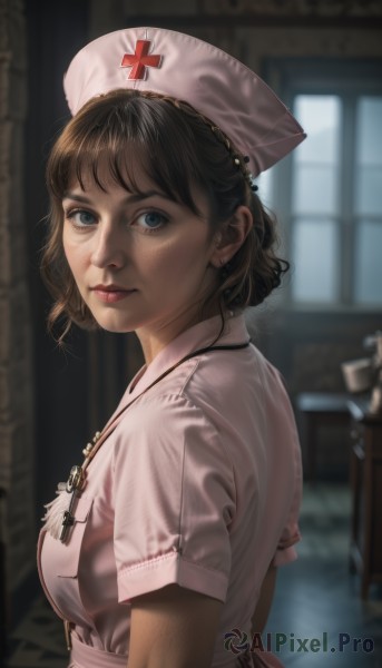 1girl,solo,breasts,looking at viewer,short hair,bangs,blue eyes,brown hair,black hair,hat,dress,jewelry,medium breasts,closed mouth,upper body,short sleeves,earrings,indoors,blurry,apron,from side,lips,blurry background,cross,freckles,realistic,nose,nurse cap,nurse,stethoscope,necklace,looking to the side,pink dress