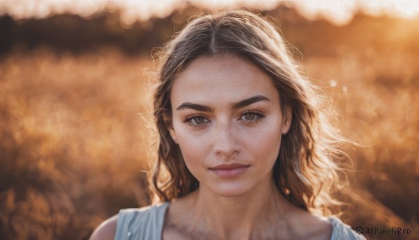 1girl,solo,long hair,looking at viewer,smile,brown hair,bare shoulders,brown eyes,closed mouth,collarbone,upper body,blurry,lips,eyelashes,wavy hair,portrait,freckles,realistic,nose,blurry background,thick eyebrows,forehead