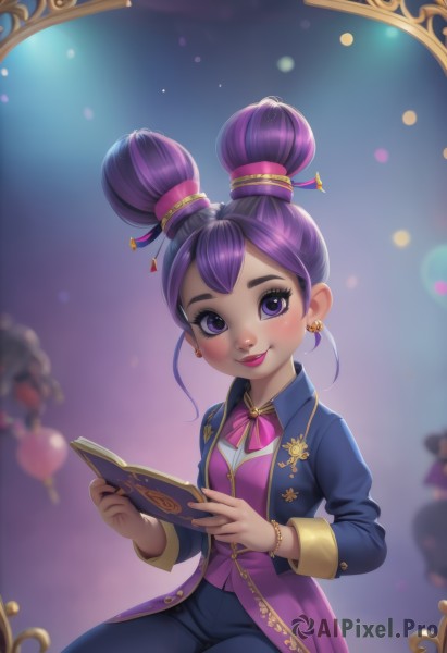 1girl,solo,looking at viewer,blush,smile,short hair,bangs,hair ornament,long sleeves,bow,ribbon,holding,jewelry,sitting,closed mouth,purple eyes,jacket,purple hair,earrings,open clothes,pants,artist name,dark skin,bowtie,hair bun,blurry,vest,bracelet,dark-skinned female,lips,book,eyelashes,double bun,makeup,blurry background,black pants,thick eyebrows,lipstick,eyeshadow,holding book,open book,alternate costume,alternate hairstyle,watermark,pink bow,mirror