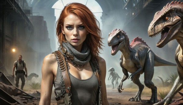 HQ,1girl,long hair,breasts,looking at viewer,blue eyes,brown hair,1boy,cleavage,bare shoulders,medium breasts,small breasts,parted lips,multiple boys,teeth,sleeveless,solo focus,scarf,orange hair,vest,lips,tank top,sharp teeth,science fiction,monster,realistic,nose,ruins,dirty,alien,dinosaur,open mouth,weapon,red hair,belt,2boys,orange eyes,gun,dirty face,post-apocalypse