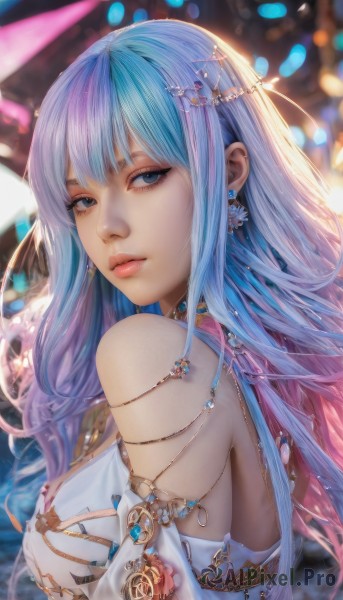 1girl,solo,long hair,breasts,looking at viewer,bangs,blue eyes,hair ornament,dress,bare shoulders,jewelry,medium breasts,closed mouth,blue hair,upper body,pink hair,multicolored hair,earrings,detached sleeves,looking back,white dress,blurry,from side,two-tone hair,lips,looking to the side,grey eyes,eyelashes,blurry background,gem,realistic,nose,artist name,makeup,depth of field,expressionless,armlet,gold,head chain