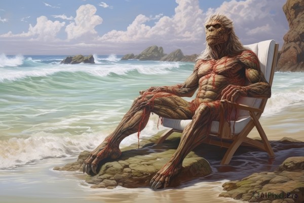 solo,1boy,sitting,full body,male focus,outdoors,sky,day,cloud,water,blue sky,no humans,blood,muscular,ocean,chair,beach,abs,cloudy sky,claws,monster,rock,sand,nude,scar