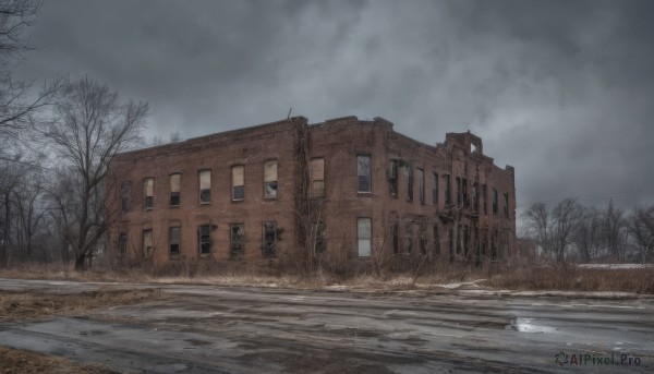 outdoors,sky,day,cloud,water,tree,no humans,window,cloudy sky,grass,building,nature,scenery,snow,road,house,winter,bare tree,fog,grey sky,overcast