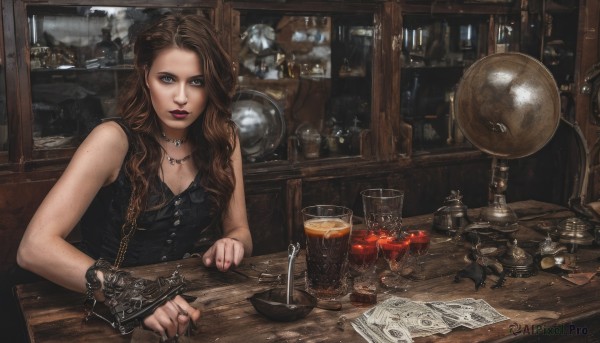 1girl,solo,long hair,breasts,looking at viewer,blue eyes,brown hair,cleavage,bare shoulders,jewelry,sitting,sleeveless,indoors,necklace,bag,nail polish,bracelet,cup,lips,window,makeup,chain,wavy hair,chair,table,ring,bottle,alcohol,drinking glass,freckles,watch,ice,paper,realistic,glass,map,bar (place)