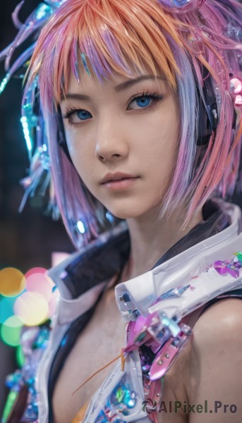 1girl,solo,breasts,looking at viewer,short hair,bangs,blue eyes,bare shoulders,closed mouth,upper body,pink hair,multicolored hair,sleeveless,orange hair,blurry,two-tone hair,lips,eyelashes,makeup,blurry background,headphones,science fiction,realistic,nose,blonde hair,hair ornament,jacket,gradient hair,depth of field,expressionless,portrait,zipper,bokeh