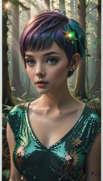 1girl,solo,breasts,looking at viewer,short hair,bangs,blue eyes,shirt,hair ornament,dress,cleavage,jewelry,medium breasts,blue hair,collarbone,upper body,purple hair,flower,multicolored hair,earrings,outdoors,parted lips,artist name,signature,two-tone hair,tree,lips,eyelashes,makeup,leaf,watermark,floral print,sunlight,plant,lipstick,nature,web address,forest,freckles,green dress,light rays,realistic,nose,green shirt,red lips,stud earrings,mascara,blush,green hair,sleeveless,nail polish,gradient hair,bug,butterfly,pink lips,butterfly hair ornament