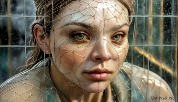 HQ,1girl,solo,long hair,looking at viewer,blonde hair,brown hair,closed mouth,green eyes,blurry,lips,wet,portrait,rain,realistic,nose,animification,silk,spider web,spider web print,eyelashes,bodysuit,close-up