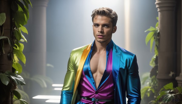 HQ,solo,breasts,looking at viewer,short hair,brown hair,shirt,1boy,brown eyes,closed mouth,jacket,upper body,male focus,open clothes,dark skin,open jacket,lips,open shirt,facial hair,leaf,formal,dark-skinned male,suit,pectorals,plant,blue jacket,realistic,nose,pectoral cleavage,pillar,black hair,muscular,blue shirt,muscular male,beard,green jacket