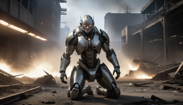 HQ,solo,looking at viewer,red eyes,armor,military,no humans,kneeling,glowing,fire,robot,building,mecha,glowing eyes,smoke,science fiction,city,realistic,military vehicle,explosion,ruins,damaged,open hands,debris,embers,burning,destruction,rubble,sparks,1boy,weapon,outdoors,battle,one knee,power armor,dust