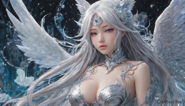 1girl,solo,long hair,breasts,looking at viewer,blue eyes,large breasts,hair ornament,cleavage,bare shoulders,medium breasts,upper body,white hair,parted lips,wings,armor,blurry,lips,grey eyes,detached collar,gem,feathered wings,angel wings,circlet,headpiece,white wings,flower,grey hair,artist name,water,expressionless,tiara,feathers,black background,realistic,angel