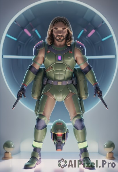 solo,looking at viewer,brown hair,gloves,1boy,holding,brown eyes,standing,full body,weapon,male focus,dark skin,armor,gun,facial hair,dark-skinned male,helmet,robot,beard,science fiction,dual wielding,mustache,explosive,power armor,helmet removed,tonfa,boots,fingerless gloves,mecha,handgun,realistic,energy gun