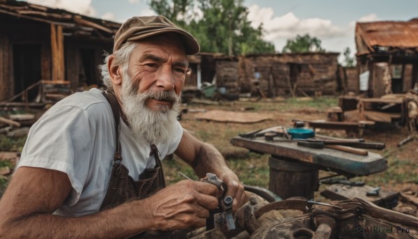 solo,shirt,1boy,hat,holding,closed eyes,white shirt,upper body,white hair,short sleeves,male focus,outdoors,sky,day,blurry,tree,blurry background,facial hair,ground vehicle,t-shirt,beard,mature male,realistic,mustache,brown headwear,overalls,manly,house,old,old man,arm hair,smile,short hair,closed mouth,cloud,apron,blue sky,depth of field,thick eyebrows,photo background,screwdriver