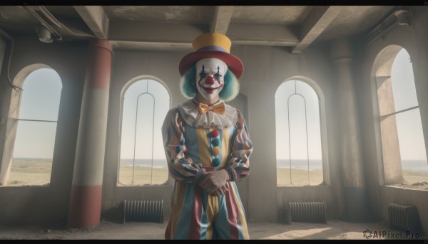 solo,looking at viewer,smile,gloves,long sleeves,1boy,hat,bow,holding,standing,male focus,green hair,striped,indoors,bowtie,window,mask,parody,own hands together,top hat,facepaint,pillar,cane,clown,aqua hair,makeup,letterboxed,ruins