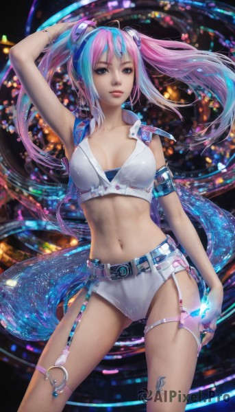 1girl,solo,long hair,breasts,looking at viewer,blue eyes,gloves,navel,cleavage,twintails,jewelry,medium breasts,blue hair,standing,collarbone,pink hair,multicolored hair,cowboy shot,shorts,sleeveless,midriff,belt,fingerless gloves,armpits,stomach,nail polish,arm up,bracelet,two-tone hair,lips,crop top,short shorts,tattoo,makeup,thigh strap,ass visible through thighs,garter straps,ring,lipstick,armlet,blue nails,legs apart,contrapposto,white shorts,realistic,nose,leg tattoo,large breasts,armband