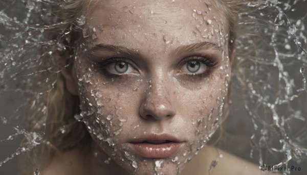 1girl,solo,long hair,looking at viewer,blue eyes,blonde hair,closed mouth,parted lips,water,blurry,lips,grey eyes,eyelashes,portrait,close-up,freckles,water drop,realistic,nose,green eyes,splashing