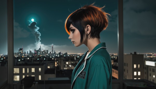 1girl,solo,short hair,brown hair,shirt,black hair,brown eyes,jewelry,closed mouth,school uniform,jacket,upper body,earrings,sky,cloud,indoors,black eyes,from side,lips,window,profile,night,moon,cloudy sky,building,messy hair,night sky,full moon,green jacket,city,nose,cityscape,earphones,earbuds,city lights,sidelocks,signature,eyelashes,makeup,ground vehicle,scenery,motor vehicle,smoke,stud earrings,id card,skyscraper,lanyard