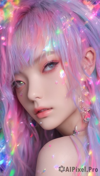 1girl,solo,long hair,looking at viewer,bangs,blue eyes,bare shoulders,jewelry,pink hair,multicolored hair,earrings,parted lips,teeth,choker,lips,grey eyes,eyelashes,makeup,gem,portrait,close-up,eyeshadow,realistic,nose,green eyes,shiny,sparkle