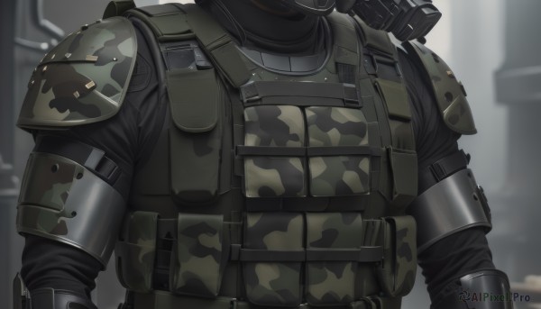 solo,gloves,long sleeves,1boy,upper body,weapon,male focus,black gloves,armor,blurry,uniform,vest,gun,military,military uniform,mask,blurry background,helmet,close-up,camouflage,tactical clothes,load bearing vest,bulletproof vest,jacket,muscular,shoulder armor,pauldrons,pouch,head out of frame,gas mask