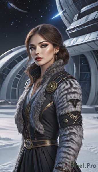 1girl,solo,long hair,looking at viewer,brown hair,long sleeves,dress,brown eyes,jewelry,earrings,outdoors,sky,necklace,hair bun,black dress,lips,coat,fur trim,makeup,night,lipstick,star (sky),night sky,snow,starry sky,nose,red lips,shooting star,belt,signature,single hair bun,pendant,eyeshadow,science fiction,realistic,aircraft,space,planet,fur,earth (planet),spacecraft