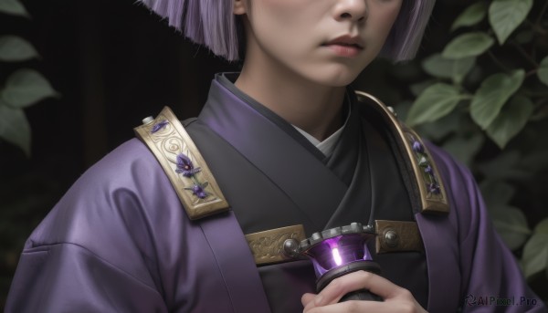 1girl,solo,short hair,1boy,holding,closed mouth,upper body,purple hair,male focus,japanese clothes,kimono,blurry,lips,depth of field,blurry background,leaf,bob cut,gem,facing viewer,realistic,head out of frame,purple jacket,purple kimono,weapon,sword,plant,black background,close-up