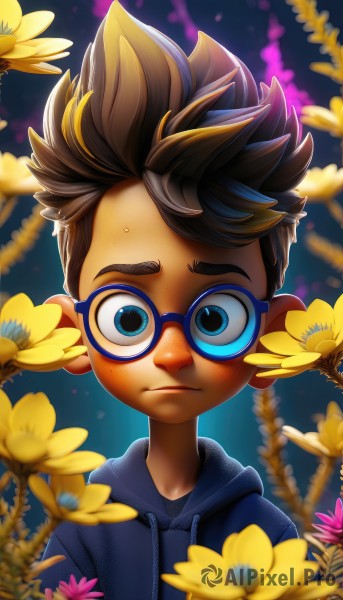 solo,looking at viewer,short hair,blue eyes,brown hair,1boy,closed mouth,upper body,flower,male focus,glasses,artist name,hood,blurry,hoodie,hood down,spiked hair,child,freckles,yellow flower,drawstring,male child,straight-on,blue hoodie,blue-framed eyewear,sweat