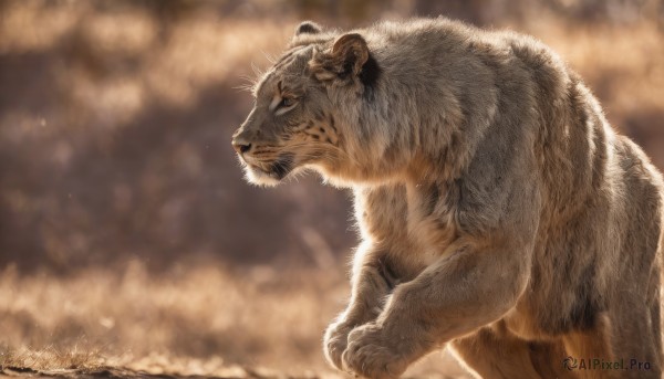 solo,closed mouth,outdoors,signature,water,blurry,black eyes,from side,no humans,profile,blurry background,animal,realistic,animal focus,whiskers,brown theme,standing