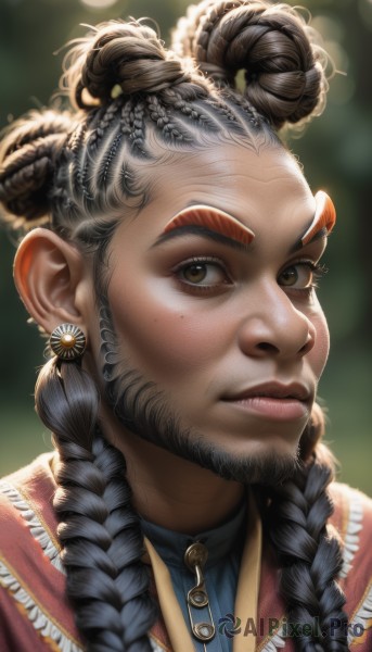 1girl,solo,long hair,looking at viewer,black hair,1boy,brown eyes,jewelry,closed mouth,upper body,braid,grey hair,male focus,earrings,hair bun,mole,blurry,twin braids,lips,double bun,depth of field,blurry background,facial hair,thick eyebrows,portrait,beard,freckles,realistic,nose,old,fringe trim,braided bun,multiple braids,mole on cheek,shirt,hair ornament,multicolored hair,artist name,dark skin,mole under eye,hair over shoulder