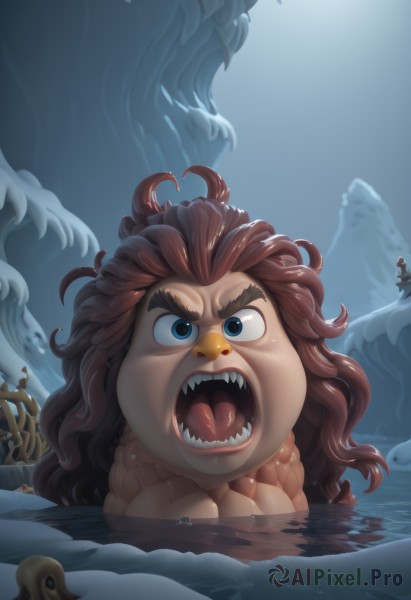 1girl,long hair,looking at viewer,open mouth,blue eyes,brown hair,1boy,male focus,red hair,outdoors,multiple boys,teeth,tongue,artist name,tongue out,water,parody,thick eyebrows,sharp teeth,partially submerged,freckles,mountain,size difference,giant,giantess,uvula,solo,v-shaped eyebrows,angry,1other,monster,fog