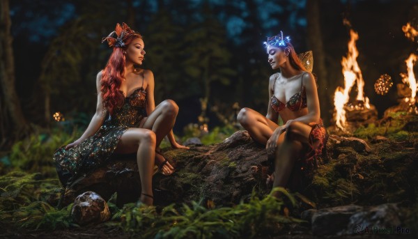 long hair,breasts,multiple girls,hair ornament,dress,2girls,cleavage,bare shoulders,jewelry,medium breasts,sitting,closed eyes,pink hair,flower,red hair,small breasts,outdoors,barefoot,nail polish,blurry,looking at another,tree,lips,makeup,night,depth of field,glowing,arm support,grass,bug,fire,lipstick,butterfly,nature,forest,rock,anklet,log,campfire,brown hair,siblings,sandals,sisters,skull,twins,realistic