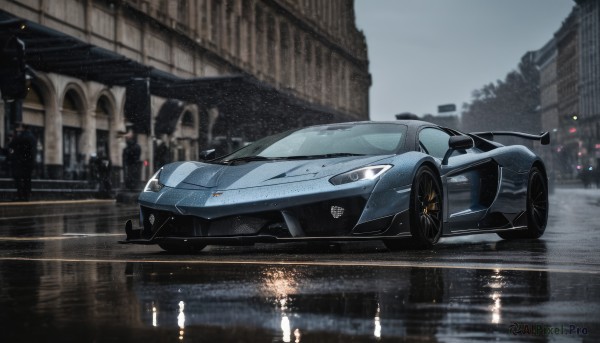 A motor vehicle surrounded by a serene rainy outdoors