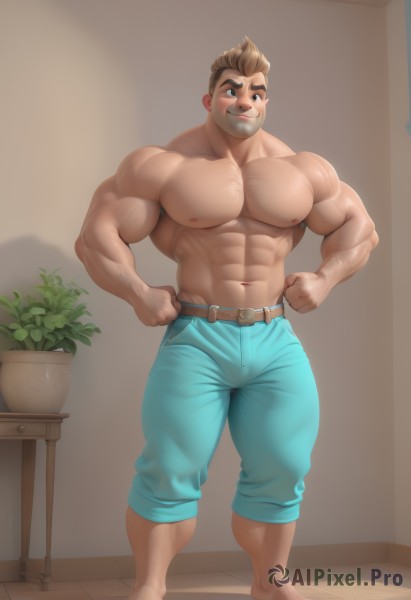 solo,looking at viewer,blush,smile,short hair,brown hair,1boy,navel,closed mouth,nipples,standing,full body,male focus,thighs,barefoot,belt,pants,artist name,stomach,muscular,facial hair,thick thighs,abs,thick eyebrows,pectorals,denim,muscular male,spiked hair,bara,beard,large pectorals,bulge,topless male,hands on hips,jeans,sideburns,mature male,stubble,blue pants,brown belt,chest hair,biceps,navel hair,arm hair,thick arms,leather belt,plant,hairy