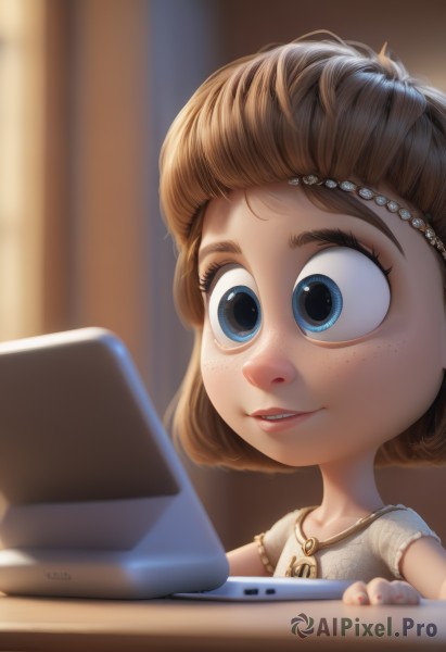 1girl,solo,smile,short hair,bangs,blue eyes,brown hair,shirt,hair ornament,jewelry,parted lips,teeth,artist name,indoors,necklace,nail polish,blurry,lips,blurry background,child,red nails,freckles,female child,computer,laptop,dress,eyelashes,depth of field,realistic,nose