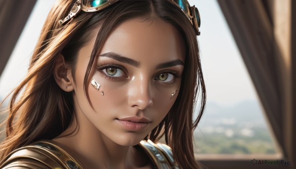 1girl,solo,long hair,looking at viewer,brown hair,jewelry,closed mouth,green eyes,earrings,indoors,armor,blurry,lips,eyelashes,window,depth of field,blurry background,headgear,curtains,goggles,portrait,close-up,forehead,freckles,goggles on head,realistic,nose,stud earrings,hair ornament,brown eyes,dark skin,dark-skinned female,facial mark,gem,backlighting,facial tattoo