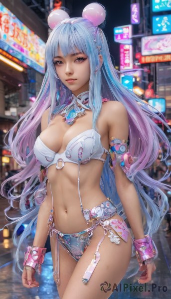 1girl,solo,long hair,breasts,looking at viewer,bangs,navel,cleavage,jewelry,medium breasts,underwear,blue hair,standing,swimsuit,pink hair,bikini,multicolored hair,cowboy shot,earrings,outdoors,hair bun,nail polish,bra,lips,double bun,gradient hair,detached collar,blurry background,garter straps,piercing,realistic,neon lights,animal ears,bare shoulders,purple eyes,pink eyes,fingernails,white bikini,pink nails,garter belt,cyberpunk