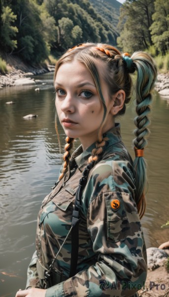 1girl,solo,long hair,breasts,looking at viewer,blue eyes,brown hair,hair ornament,long sleeves,twintails,jewelry,jacket,upper body,braid,multicolored hair,earrings,outdoors,parted lips,day,water,bag,mole,twin braids,from side,two-tone hair,tree,lips,looking to the side,mole under eye,nature,forest,freckles,reflection,realistic,nose,hair tie,camouflage,badge,river,lake,button badge,pond,denim jacket,camouflage jacket,black hair,small breasts,signature,streaked hair,eyelashes,makeup,piercing,hair bobbles,ear piercing,forehead,rock,stud earrings,mascara