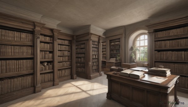 day,indoors,book,no humans,window,shadow,chair,table,sunlight,plant,scenery,desk,bookshelf,potted plant,shelf,book stack,library,stairs