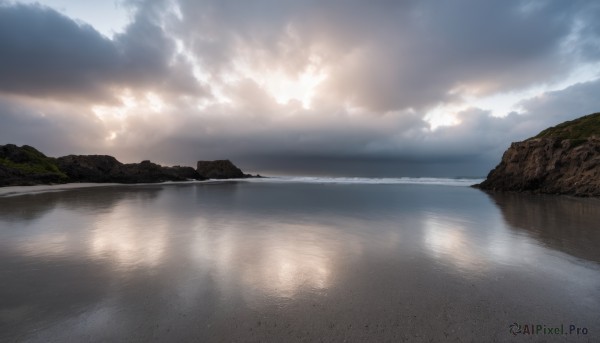 outdoors,sky,day,cloud,water,tree,blue sky,no humans,ocean,cloudy sky,nature,scenery,reflection,mountain,horizon,river,landscape,lake,beach,sunlight,rock,shore,island