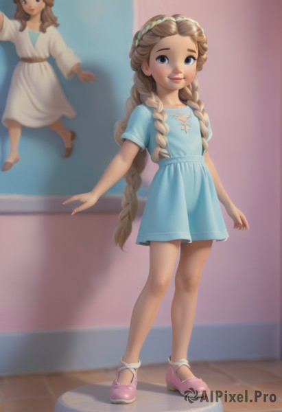 1girl,solo,long hair,looking at viewer,smile,blue eyes,brown hair,dress,very long hair,closed mouth,standing,full body,braid,short sleeves,hairband,shoes,artist name,indoors,twin braids,flat chest,lips,blue dress,short dress,child,realistic,female child,reference inset,photo inset,blonde hair,socks,mary janes,pink footwear