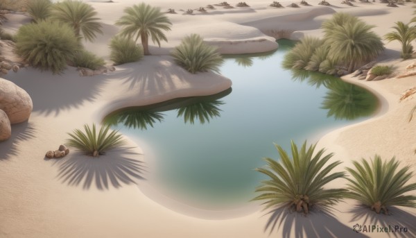 outdoors,day,water,tree,no humans,shadow,ocean,beach,sunlight,nature,scenery,rock,sand,palm tree,shade,shore,grass,plant,reflection,realistic,still life,desert,footprints