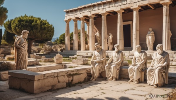 sitting,outdoors,multiple boys,sky,day,water,tree,scenery,robe,ruins,old,old man,pillar,statue,turban,column,male focus,cloud,blue sky,no humans,plant,6+boys,rock,architecture,fine art parody,fountain