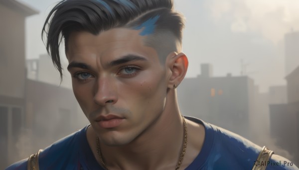 solo,looking at viewer,short hair,blue eyes,shirt,black hair,1boy,jewelry,closed mouth,blue hair,male focus,multicolored hair,earrings,outdoors,necklace,blurry,two-tone hair,lips,streaked hair,grey eyes,blurry background,piercing,blue shirt,building,portrait,freckles,realistic,nose,undercut,no humans,facial hair,dirty