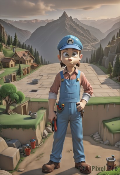 solo,looking at viewer,brown hair,shirt,1boy,hat,holding,brown eyes,standing,full body,male focus,outdoors,sky,shoes,cloud,tree,hand on hip,brown footwear,grass,red shirt,child,mountain,overalls,house,smile,short hair,long sleeves,closed mouth,collared shirt,shadow,cloudy sky,building,blue headwear,fence,male child,badge,nintendo switch